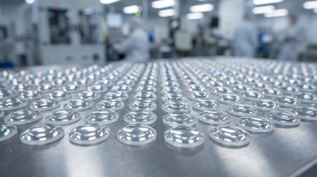  クリーンルームの製造現場でステンレス台に整列された精密な光学ガラスレンズと防塵服の作業員。ハイテク産業、品質管理、大量生産、ものづくりを象徴するB2B向け背景素材.