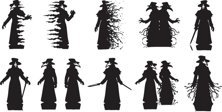 Silhouette collection of medieval plague doctor figures with bird beak masks and hats, including surreal versions with smoke effects, tentacles, and multi-headed designs.
