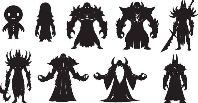 Set of nine black fantasy character silhouettes including armored warriors, demonic creatures, a wizard, and a cute creature isolated on a white background for game design assets.