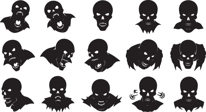 Collection of fifteen black silhouette illustrations of demonic skulls, monster heads, and zombie faces with sharp teeth and hollow eyes isolated on a plain white background.