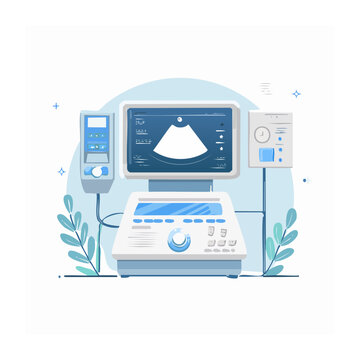 Flat design ultrasound machine with screen showing sonogram