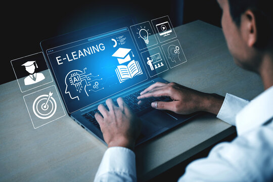 Innovative E-Learning Concept with Interactive Technology Displayed on Laptop with Engaging Educational Graphics and Digital Communication Elements. Bitwise.