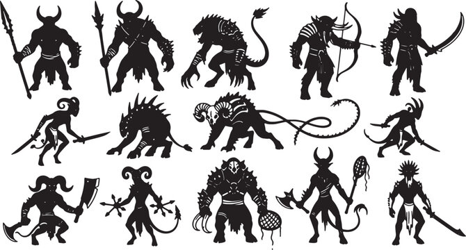 Fantasy Monster and Warrior Silhouette Collection Featuring Minotaurs, Demons, Orcs, and Mythical Beasts Equipped with Spears, Swords, Bows, and Axes for Gaming and RPG Concept Art.