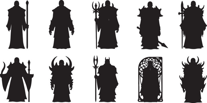 Set of ten black fantasy character silhouettes including mages, warriors, priests, and sorcerers holding staves and weapons, isolated on a white background for RPG and game design.