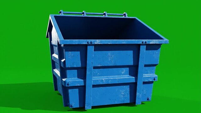 3D Rendered Blue Dumpster Container On Bright Green Chroma Key Background For Industrial And Environmental Themes