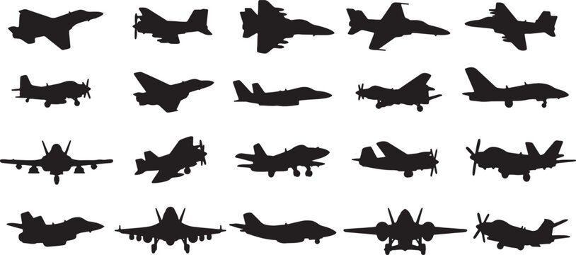 Comprehensive collection of military aircraft silhouettes featuring fighter jets, stealth planes, and propeller aircraft in side, front, and top-down profiles on a white background.