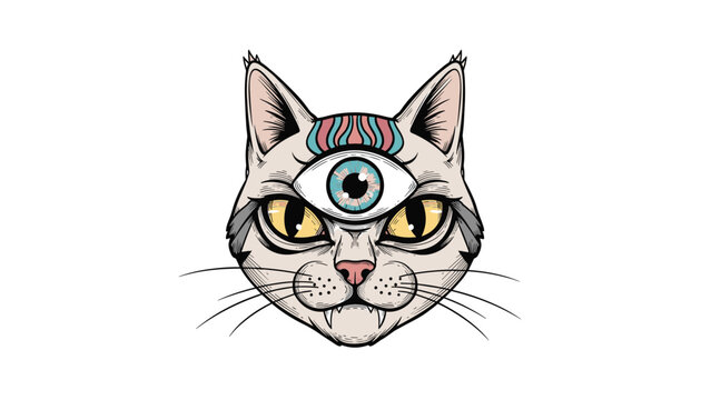 Intricate illustration of a mystical cat head features a prominent third eye on its forehead and sharp fangs for a surreal fantasy look.