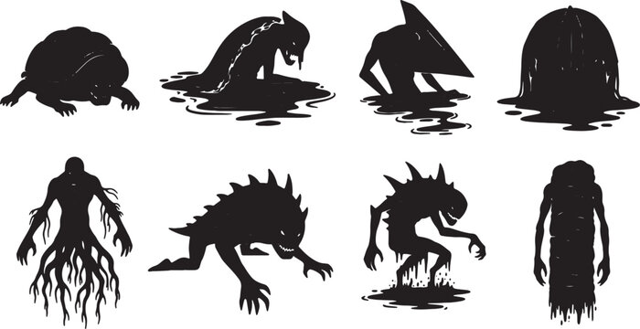 Collection of eight black horror monster silhouettes on white background, featuring various eldritch creatures, mutants, and alien beings with sharp teeth, spines, and dripping ichor.