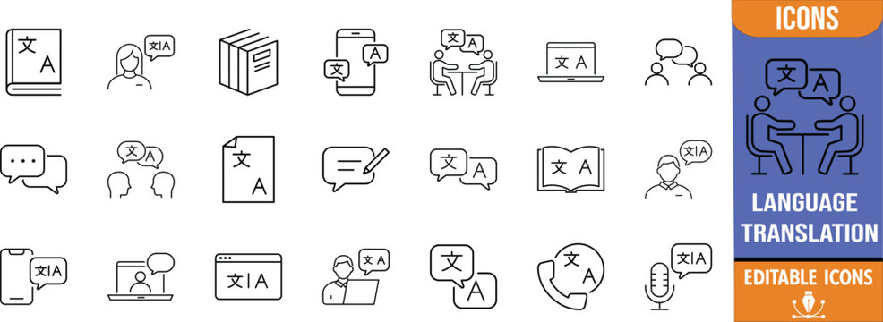 Language translation communication learning vector. dictionary icon set, translator icon set, speech bubble icon set