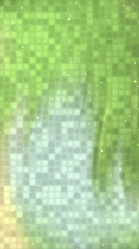 Abstract green background with a digital mosaic pixel pattern and subtle light particles.