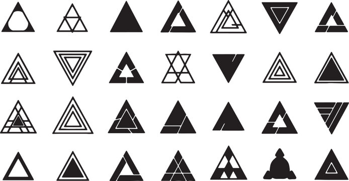 Collection of 28 abstract geometric triangle icons and silhouettes in black on a white background, featuring various minimalist, interlocking, and modern vector design elements.