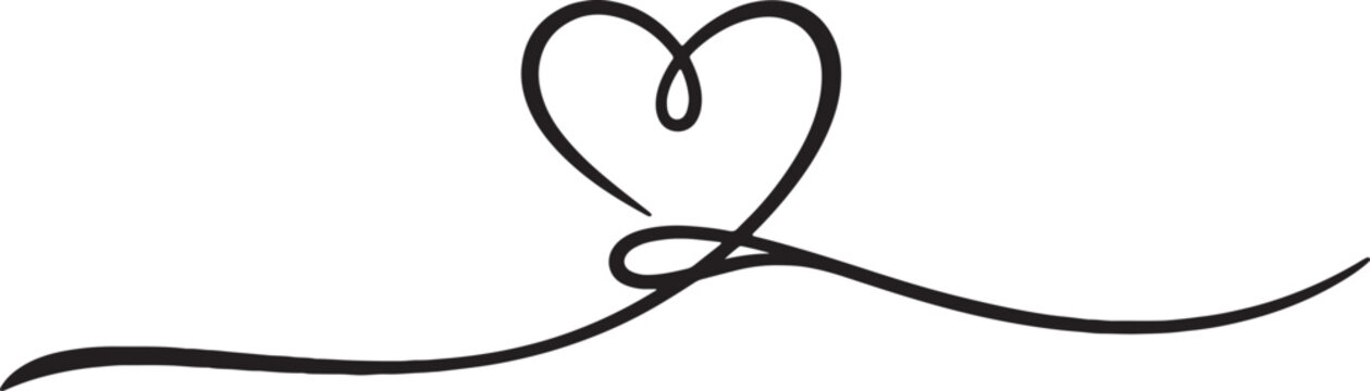 Hand-drawn heart silhouette in black ink on a white background, featuring a minimalist continuous line art style with an elegant flowing horizontal brush stroke for romantic themes.