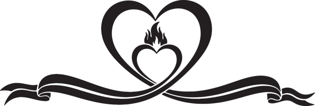 Black vector silhouette illustration of a heart within a larger heart featuring a small flame on top, integrated into an elegant flowing ribbon banner divider scroll ornament.