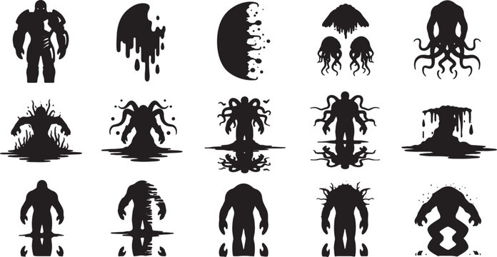 Black monster silhouette collection featuring alien creature icons with tentacles, slime drips, horror fantasy beast designs, shadow figures, and mutated monster graphics on white