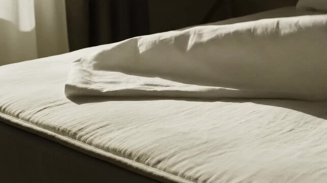 Close-up of an unmade bed mattress and rumpled sheets with soft natural light casting shadows, neutral tones and textured fabric detail