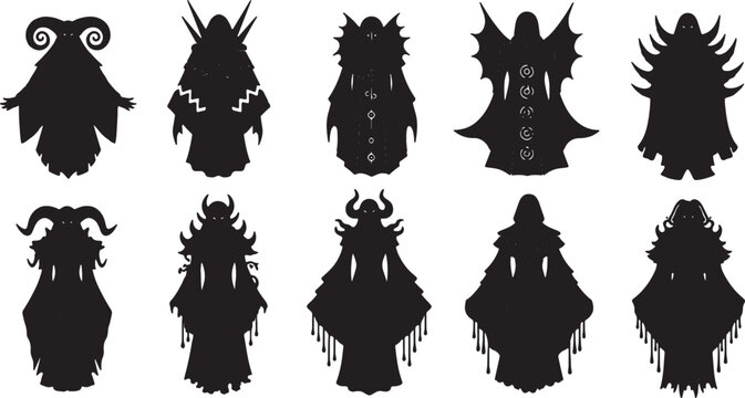 Set of ten black silhouettes featuring fantasy characters, mythical deities, and mystical entities with ornate robes, horns, and wings, isolated on a white background for game assets.