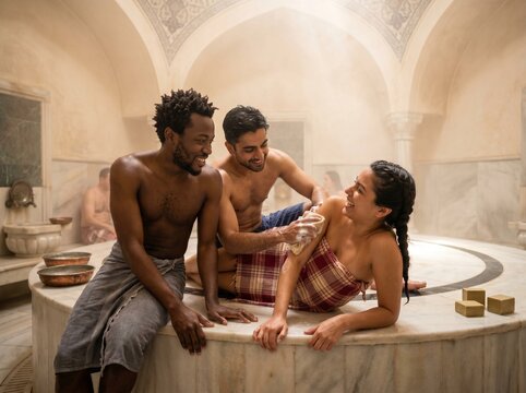 Diverse Best Friends Experiencing Wellness and Bonding at Traditional Turkish Bath - True Friendship