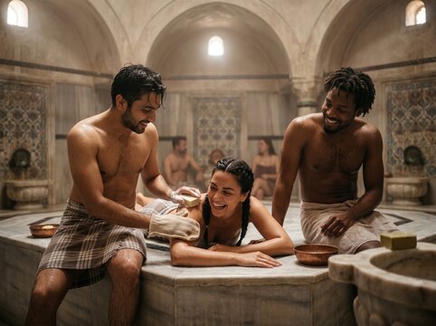 Diverse Best Friends Experiencing Wellness and Bonding at Traditional Turkish Bath - True Friendship