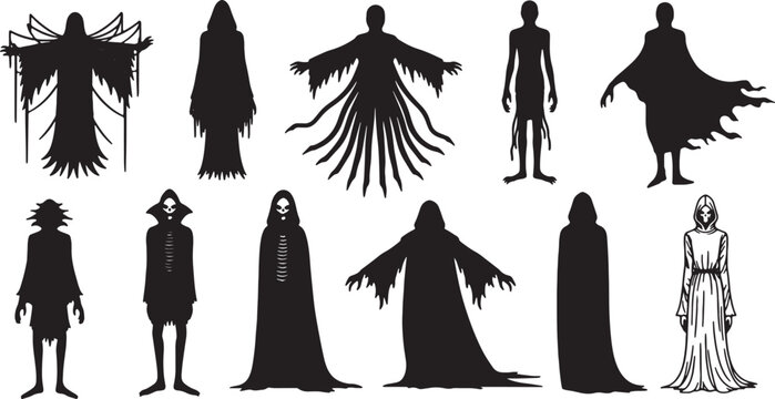 Collection of eleven black silhouettes and line art featuring hooded reapers, ghostly spirits, and dark cloaked figures for Halloween, gothic art, and horror-themed graphic design.