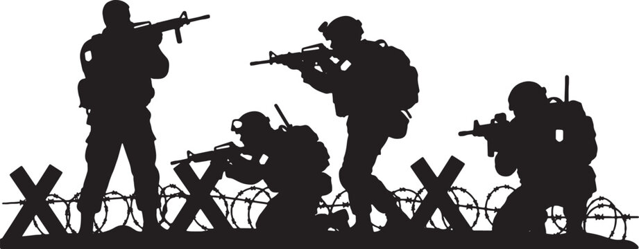 Silhouette illustration of four military soldiers in tactical gear holding assault rifles positioned behind defensive tank traps and barbed wire on a plain white background.
