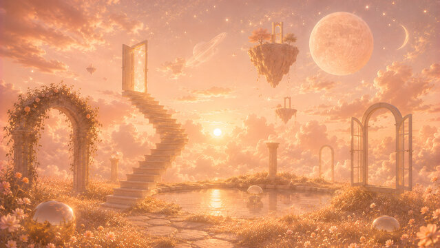 Golden Dreamcore Fantasy Landscape with Floating Stairway, Celestial Portals and Heavenly Clouds