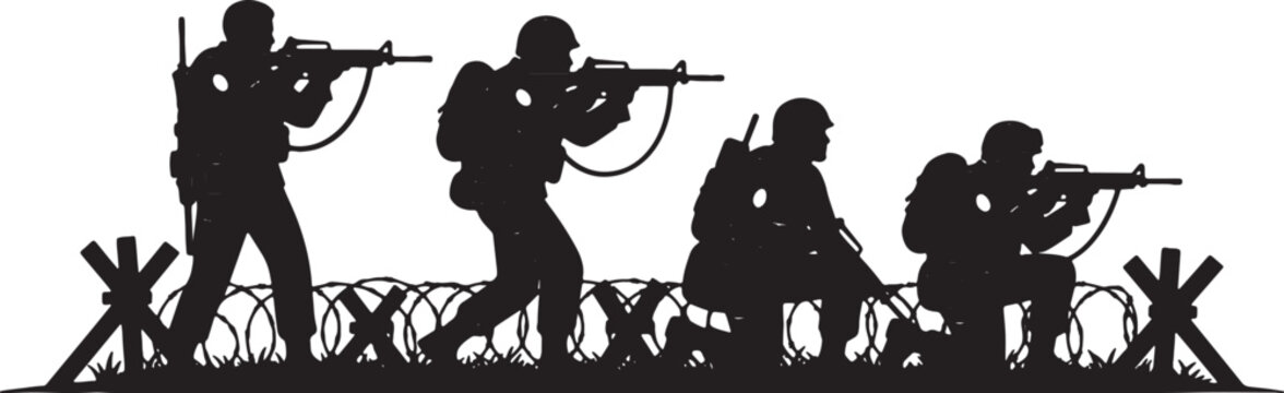 Black silhouette of a group of four soldiers in combat gear with rifles and helmets, advancing or stationed behind barbed wire and tank traps on a white background illustration.