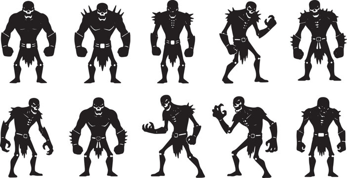 Set of ten black silhouette illustrations depicting undead skeletal warriors and fantasy monsters with spiked armor and skull heads isolated on a white background for game design.