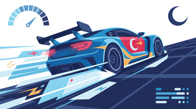 Blue racing car with a Turkish crescent flag livery speeding on a dark track at night with a speedometer and motion blur effects.