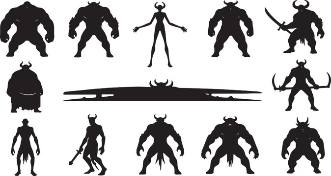 Collection of black silhouettes featuring various fantasy monster characters, horned demons, muscular ogres, and mythical warriors in diverse action poses isolated on white background.