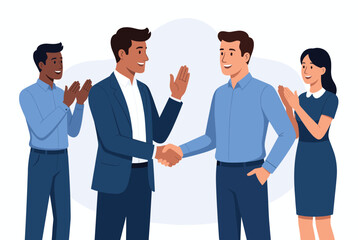 Fototapeta premium Two successful businessmen shaking hands while two diverse colleagues clap in the background to celebrate a successful deal.