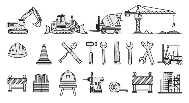 Construction tools and equipment icons.
