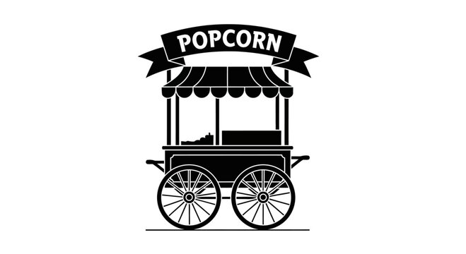 Vintage style popcorn cart illustration with a classic striped canopy and banner.