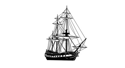 Naklejka premium A detailed black and white illustration of a vintage wooden sailing ship.