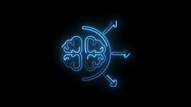 Neon brain icon with outgoing arrows representing ideas thoughts and innovation on black