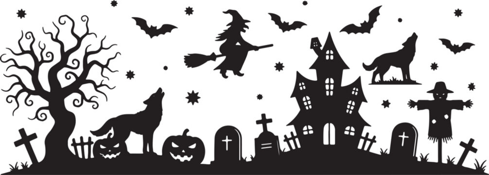 Horizontal Halloween silhouette illustration featuring a haunted mansion, flying witch on a broomstick, gnarled spooky tree, howling wolves, jack-o-lanterns, and graveyard tombstones.