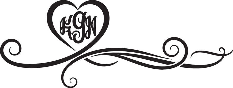 Elegant black silhouette illustration of a heart frame containing a stylized monogram with initials, complemented by decorative flowing scrollwork and calligraphic filigree.