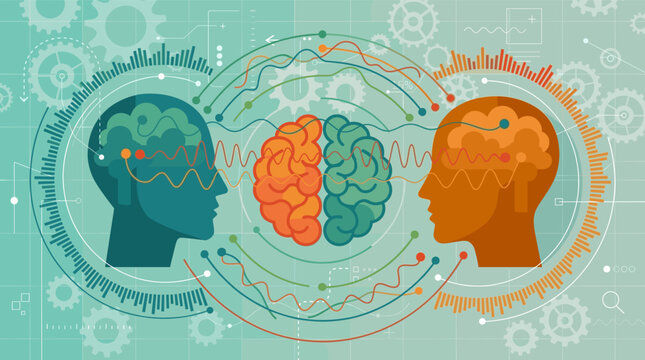 Two human head profiles facing each other with a glowing brain between them, connected by colorful neural waves and data signals on teal.