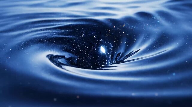 Close-up of a deep blue water vortex with swirling ripples and tiny sparkling droplets, dramatic lighting