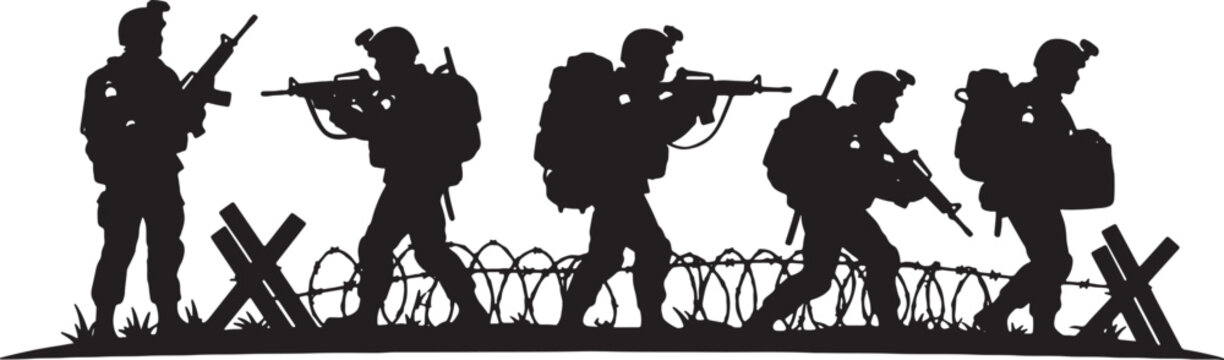 Black silhouette of five soldiers in tactical gear with rifles and backpacks advancing past barbed wire and anti-tank obstacles on a clean white background for military themes.