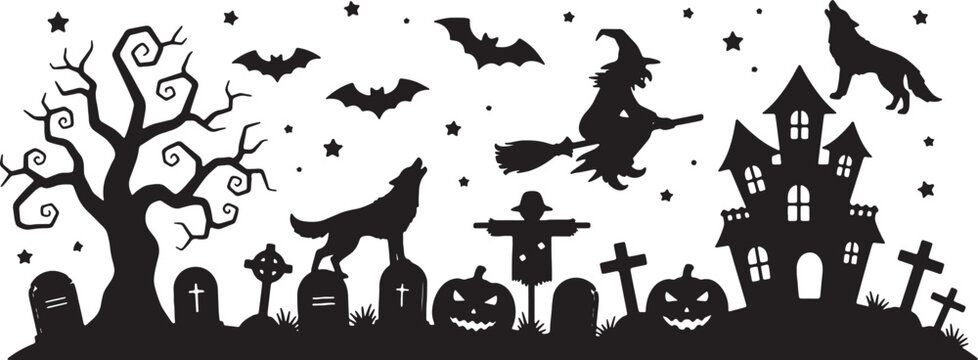 Halloween silhouette scene with haunted house, graveyard, witch on broom, howling wolf, bats, jack-o'-lanterns, and gnarly tree on white background horizontal vector illustration.