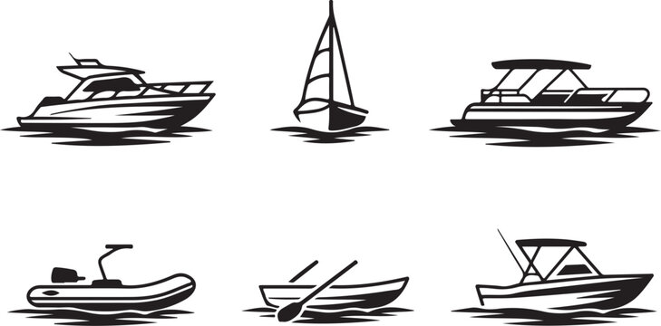 Six types of boats floating on calm water