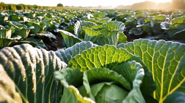 Fresh cabbage plants growing in sunlit field with dewy leaves, low-angle close-up of rows stretching to horizon at golden hour