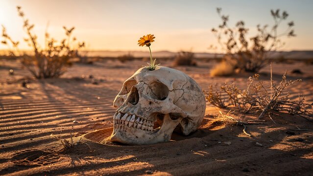 Skull resting on sandy desert dunes at golden hour with dramatic sunset lighting