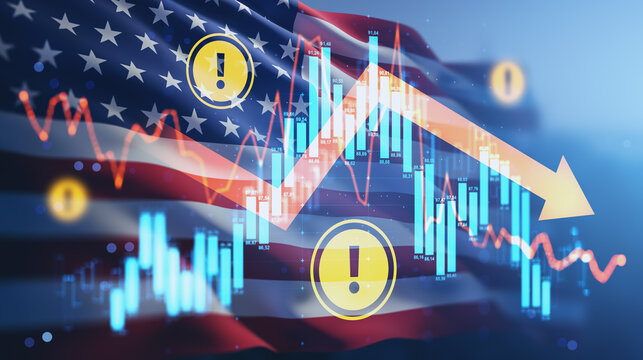 US flag with financial charts, warning icons and a downward trend arrow illustrating market decline concept against an economic backdrop.