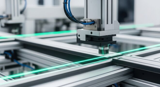 Close-up of a sophisticated industrial robot arm with a laser beam engaged in precise manufacturing operations within a modern facility