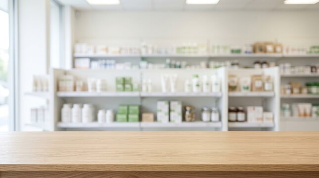 Minimalist Pharmacy Wooden Table Mockup Background With Blurred Medicine Shelves And Clean Healthcare Product Display Space