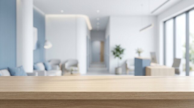 Minimalist Medical Clinic Wooden Table Mockup Background With Bright Blurred Healthcare Interior And Clean Product Display Space