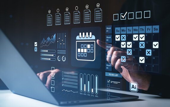 Digital business planning interface with calendar, charts, tasks, and analytics overlays on futuristic screen for workflow optimization..