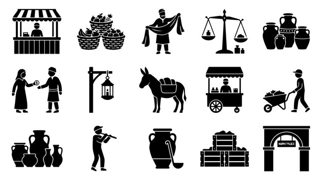 Ancient Market Bazaar Icons Set - Traditional Oriental Commerce and Trade Silhouettes