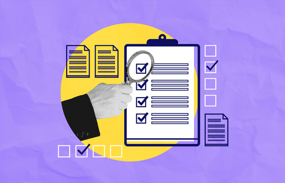 Checklist review with magnifying glass and documents on colorful business concept background illustrative design scene showcasing detailed elements.